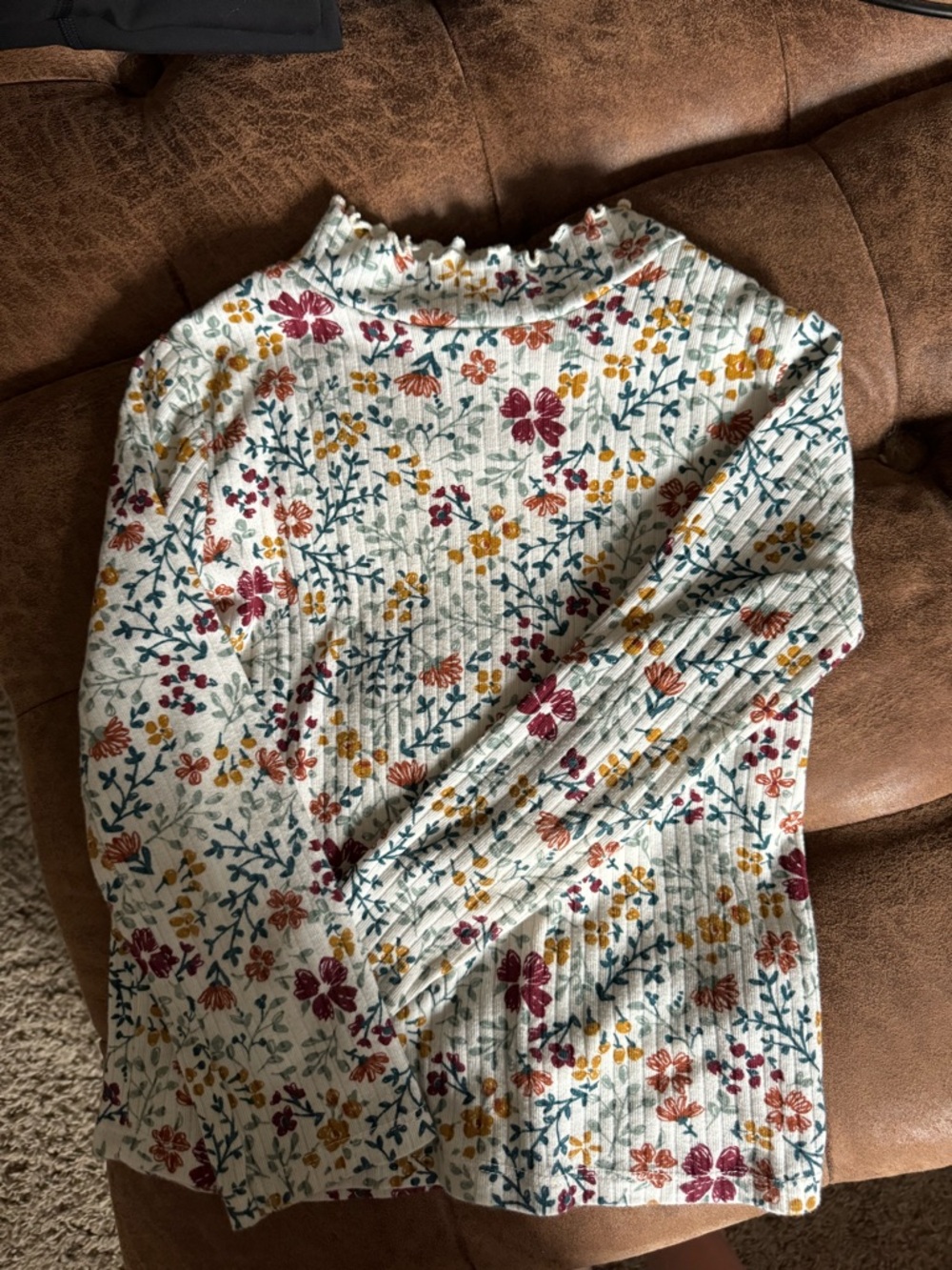 Floral Ribbed Mock Neck Top - Cream with Mustard & Burgundy